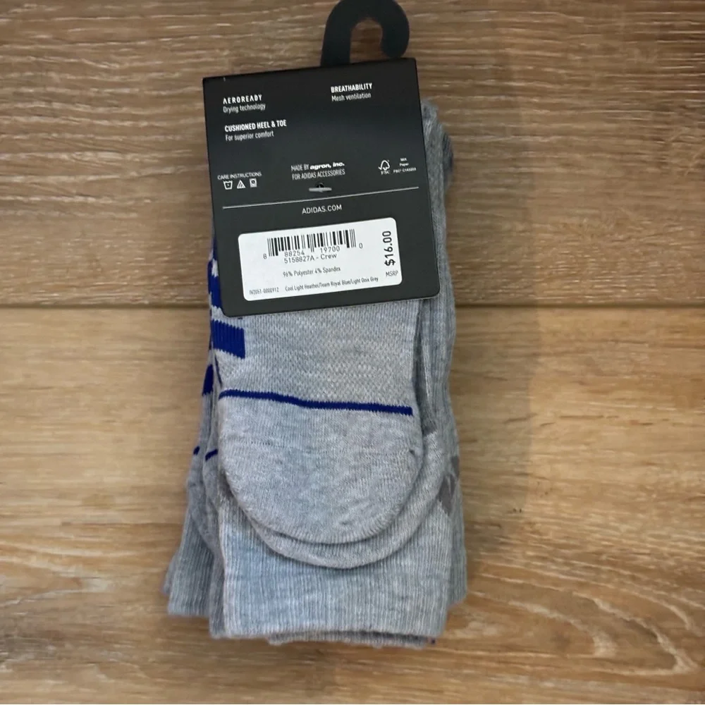 Adidas Men’s‎ Superlite 3 Pair Crew Socks Lightweight Grey Royal Blue NEW